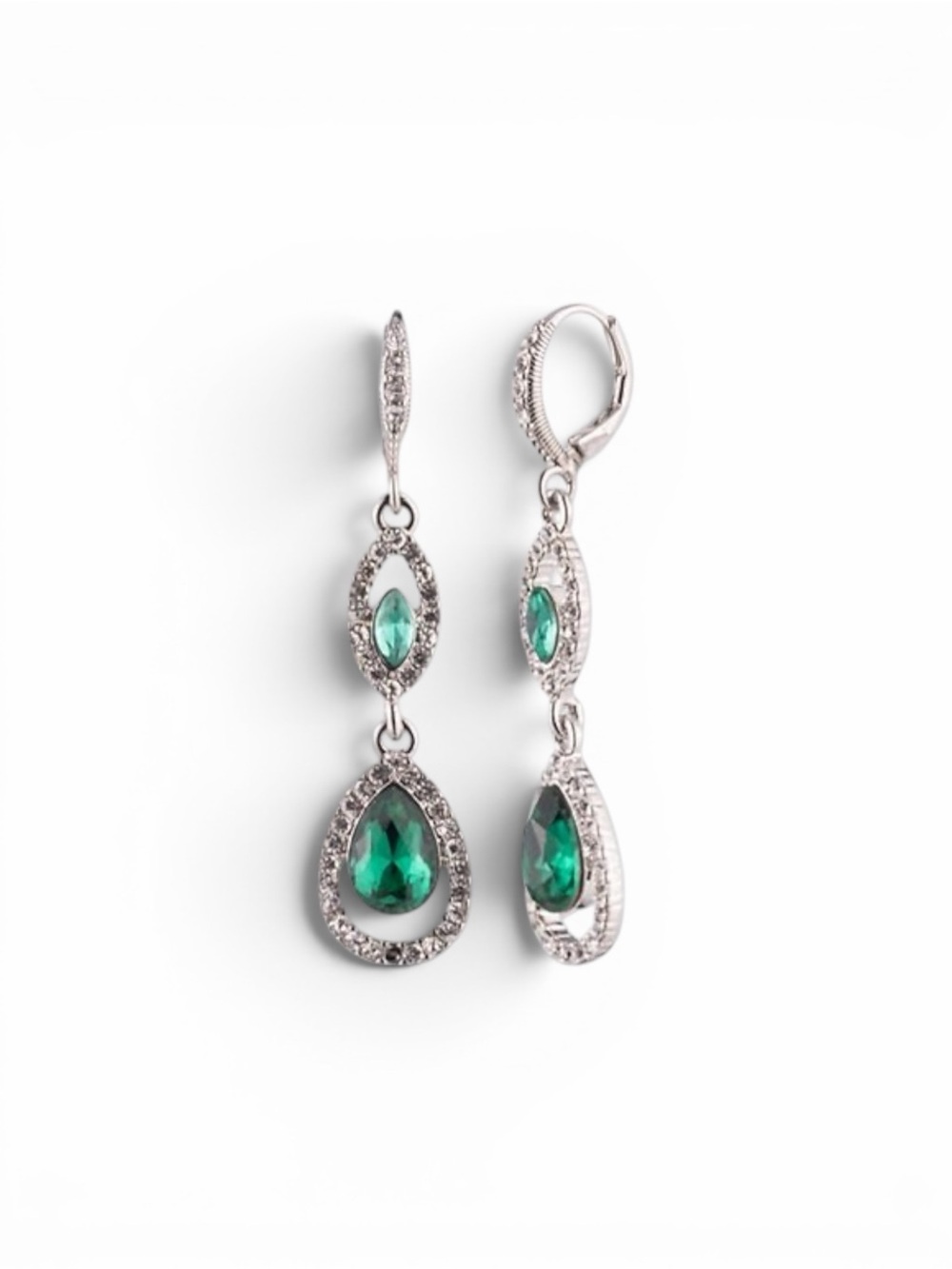 Givenchy Rhodium Emerald Silver Tone Double Drop Earrings